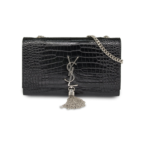 Saint Laurent Croc NANO Embossed Kate with Tassel Shoulder Bag- Black