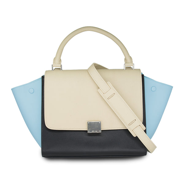 Céline Tricolor Medium Trapeze Leather Shoulder Bag In Beige & Black /Light Blue