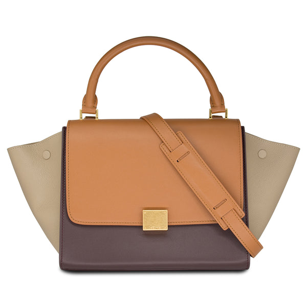 Céline Tricolor Medium Trapeze Leather Shoulder Bag In Caramel & Brown /Beige