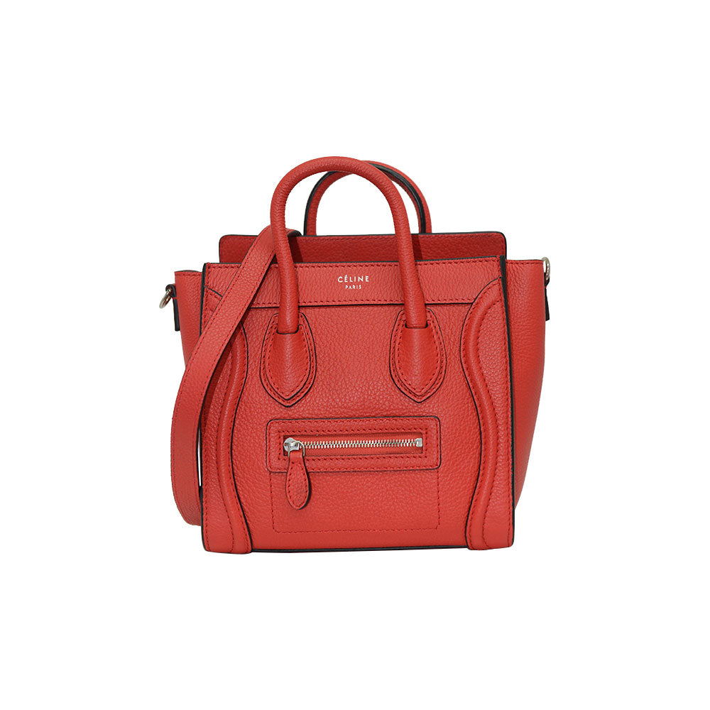 Céline NANO Luggage Red Lipstick/Black Trim In Pebble Calf Leather Tote Bag