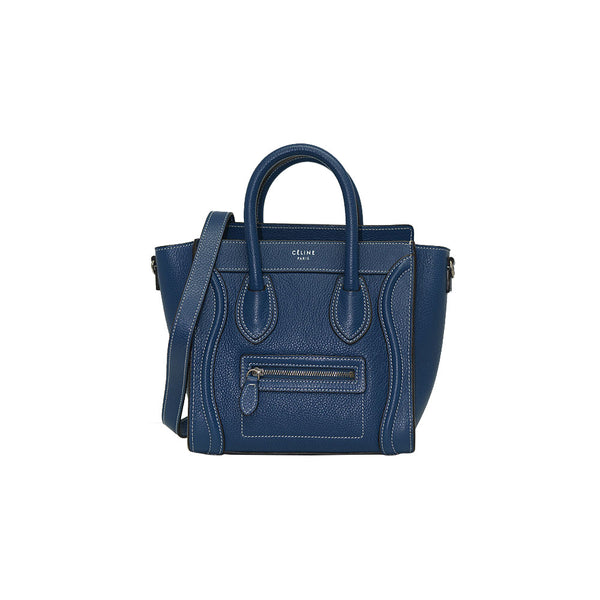 Céline NANO Luggage Blue/ Black Trim In Pebble Calf Leather Tote Bag